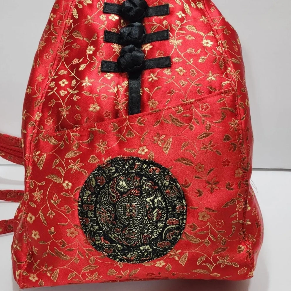 Vintage Red, Black Satin Embroidered Backpack With Jade Charm